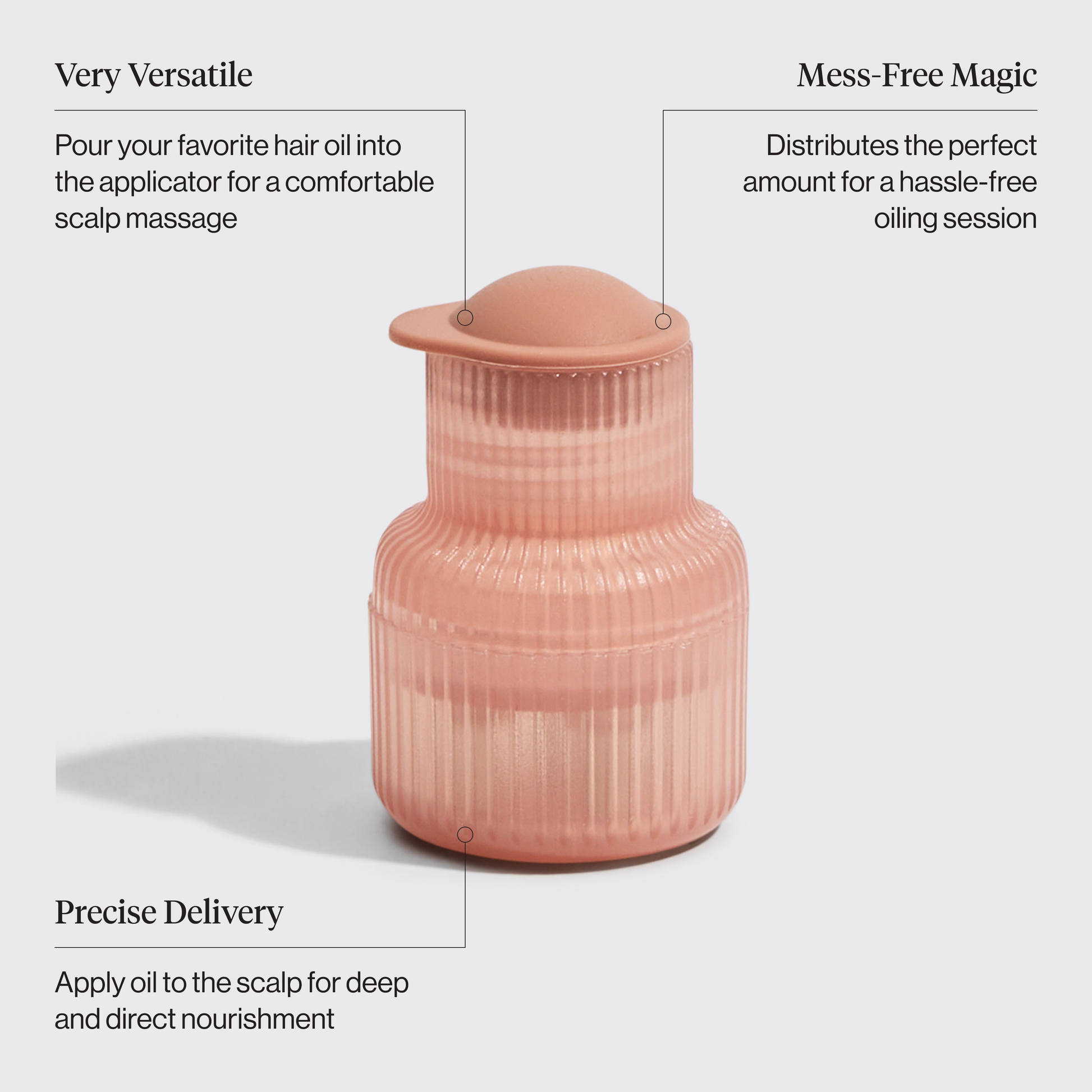 KITSCH Massaging Scalp & Hair Oil Applicator — product infographic — stainless steel bristles for precise, controlled scalp oil application — no-mess, targeted delivery — part of the Anti-Dandruff Shampoo Bundle