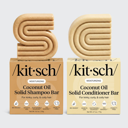 Kitsch Coconut Oil Solid Shampoo and Conditioner Bar set with bottle-free moisturizing bars for kinky, curly, and coily hair.