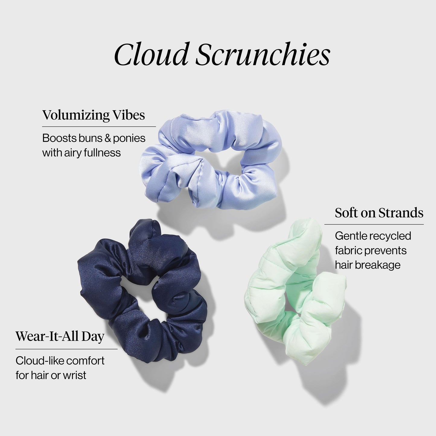 KITSCH Garden Bouquet Cloud Scrunchies 3pc Set — product infographic showing key features — recycled fabric cloud scrunchies in garden bouquet colors — gentle, snag-free hold