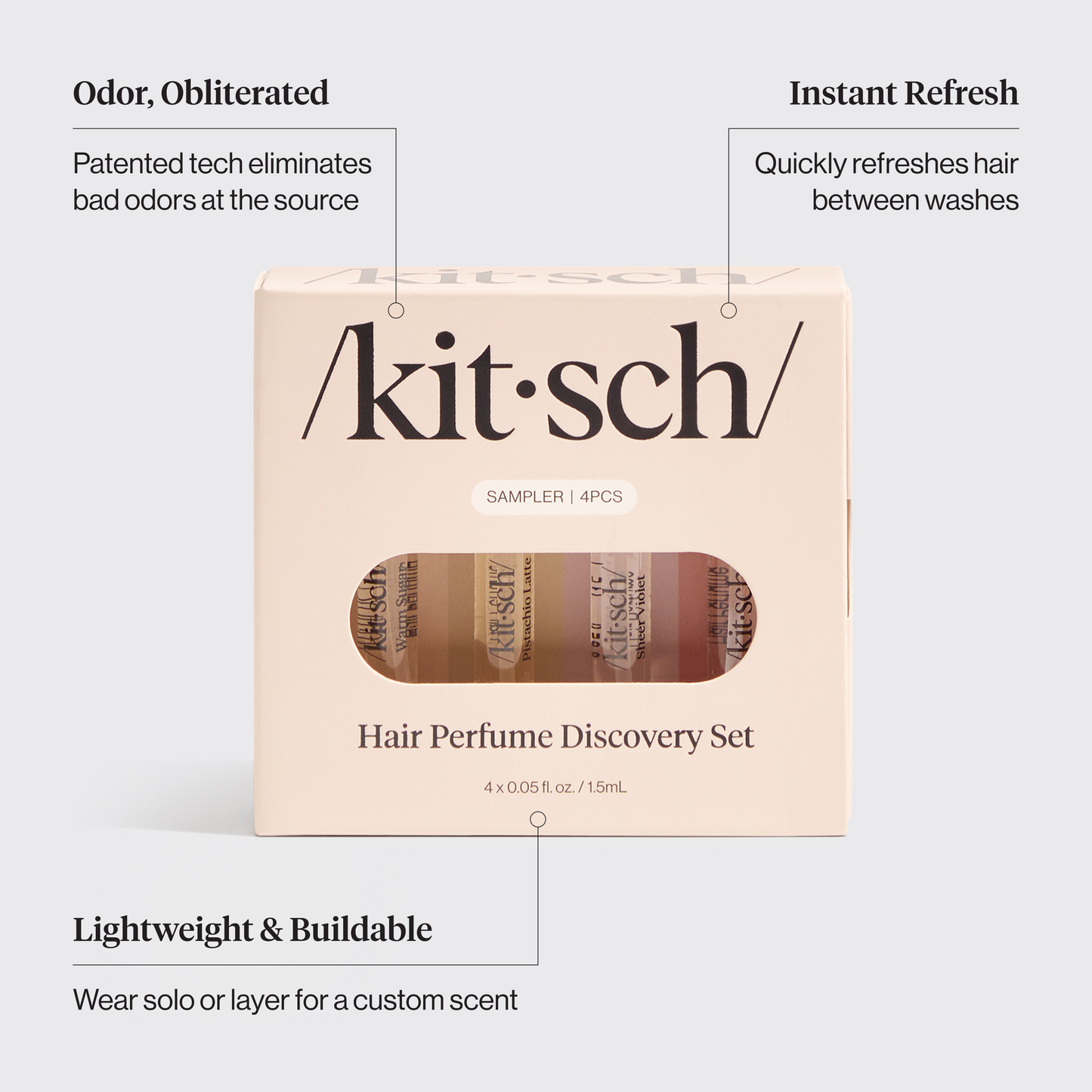 Kitsch Hair Perfume Discovery Set styled in a lifestyle scene with multiple mini fragrance bottles