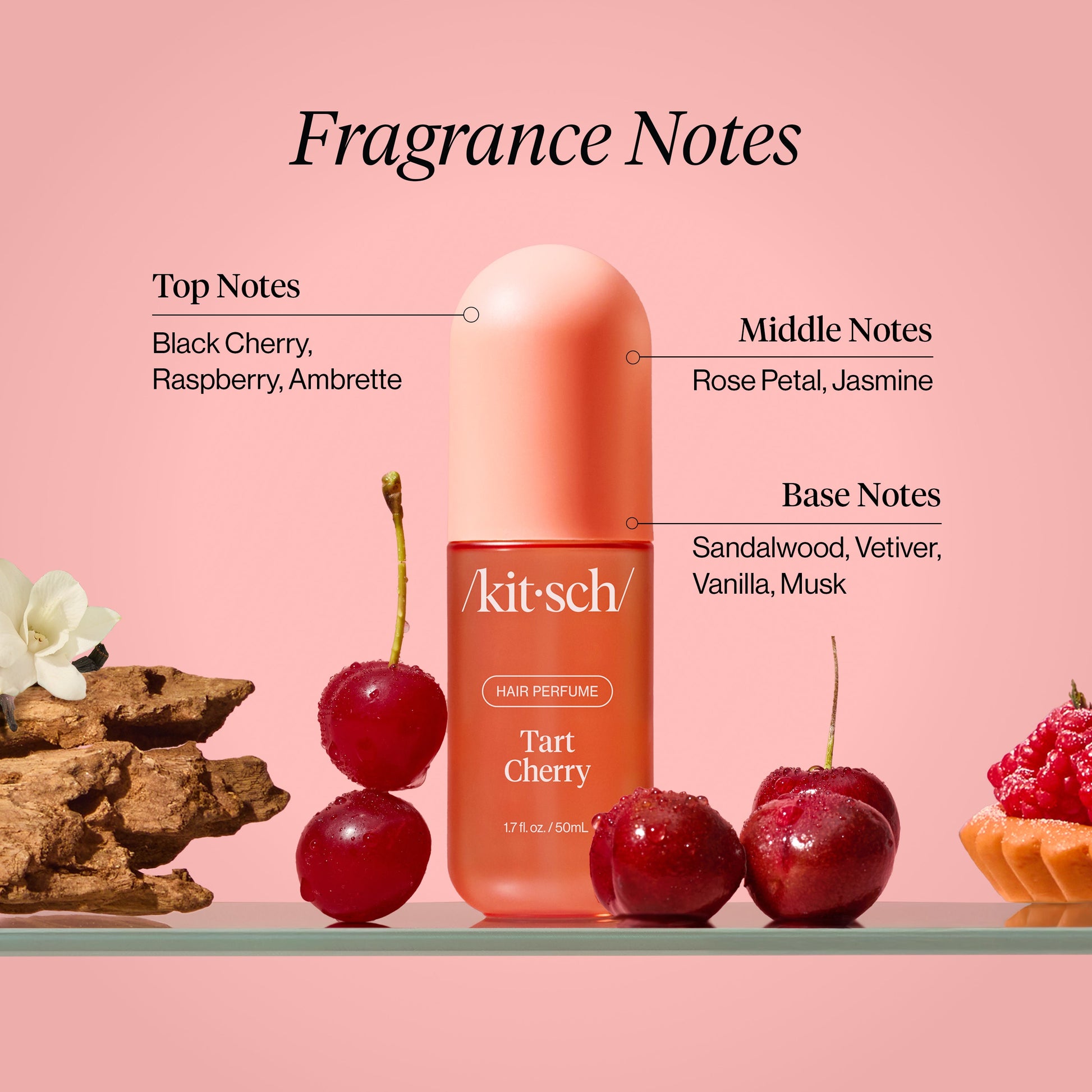 KITSCH Tart Cherry Hair & Body Perfume Mist — creative product flat lay — light, refreshing cherry-scented mist for hair and body — part of the Cherry Bathroom Bundle
