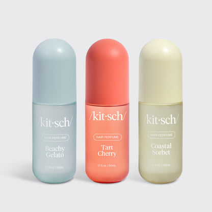 Kitsch Fruity Summer Trio – Tart Cherry, Beachy Gelato, and Coastal Sorbet hair perfumes styled together