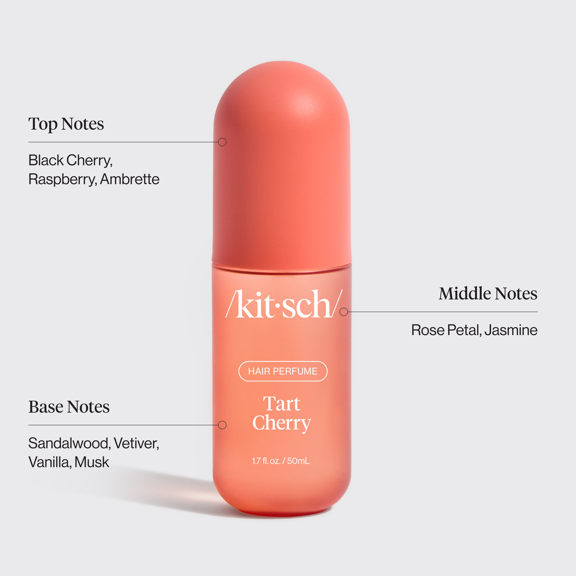 Kitsch Tart Cherry Hair Perfume scent notes infographic showing top, middle, and base fragrance notes