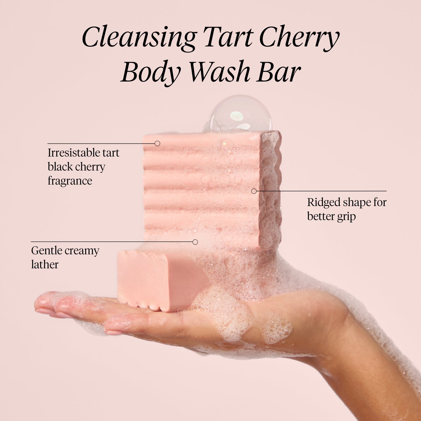 Model using KITSCH Cleansing Tart Cherry Solid Body Wash Bar in shower — gentle, sudsy lather for a soft, luxurious cleanse — plastic-free, limited-edition cherry-scented bar