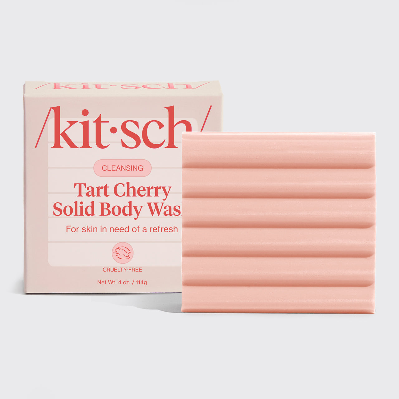 KITSCH Cleansing Tart Cherry Solid Body Wash Bar — hero product shot — limited-edition cherry-scented solid body wash — gentle cleanse, plastic-free format — part of the Cherry Bathroom Bundle