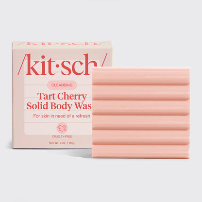 KITSCH Cleansing Tart Cherry Solid Body Wash Bar — hero product shot — limited-edition cherry-scented solid body wash — gentle cleanse, plastic-free format — part of the Cherry Bathroom Bundle