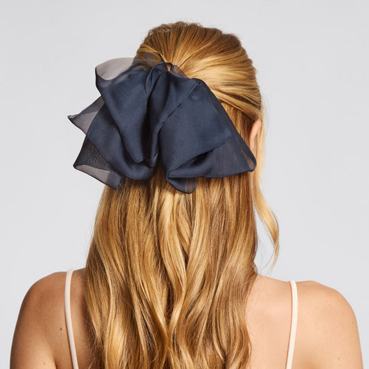 KITSCH Blue Orchid Chiffon Bow Hair Clip — model hair shot