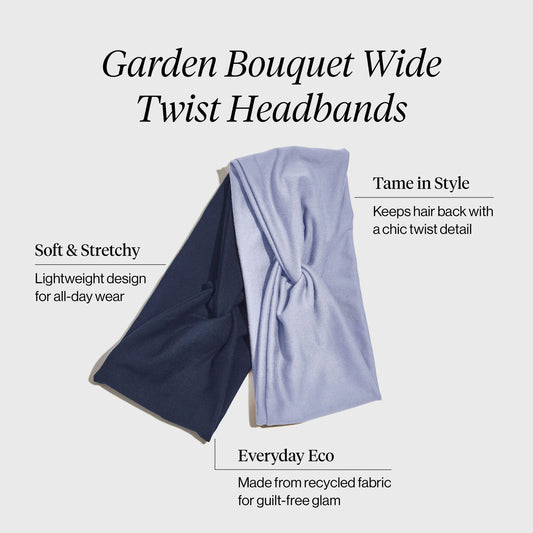 KITSCH Garden Bouquet Wide Twist Headbands 2pc Set — product infographic highlighting key features — elevated twist detail, soft recycled fabric, gentle on hair
