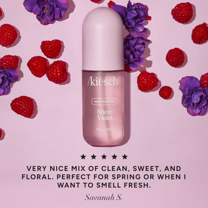 Kitsch Sheer Violet Hair Perfume bottle styled with violet florals and a 5-star customer review
