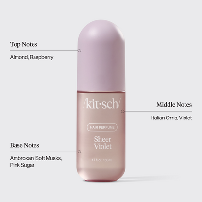Kitsch Sheer Violet Hair Perfume scent notes infographic showing top, middle, and base notes