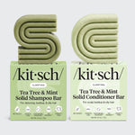 KITSCH Tea Tree & Mint Clarifying Solid Shampoo Bar 3.2oz & Conditioner Bar 2.7oz Combo on white background — both bars labeled CLARIFYING, Shampoo Bar for detoxing, buildup, & oily hair / Conditioner Bar for scalp buildup & oily hair — icons: Bio-Based, Made in USA, Sustainably Sourced, 100 Washes, Cruelty-Free — bottle-free clarifying solid bar set