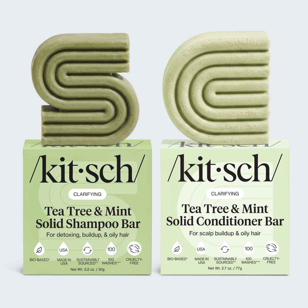 KITSCH Tea Tree & Mint Clarifying Solid Shampoo Bar 3.2oz & Conditioner Bar 2.7oz Combo on white background — both bars labeled CLARIFYING, Shampoo Bar for detoxing, buildup, & oily hair / Conditioner Bar for scalp buildup & oily hair — icons: Bio-Based, Made in USA, Sustainably Sourced, 100 Washes, Cruelty-Free — bottle-free clarifying solid bar set