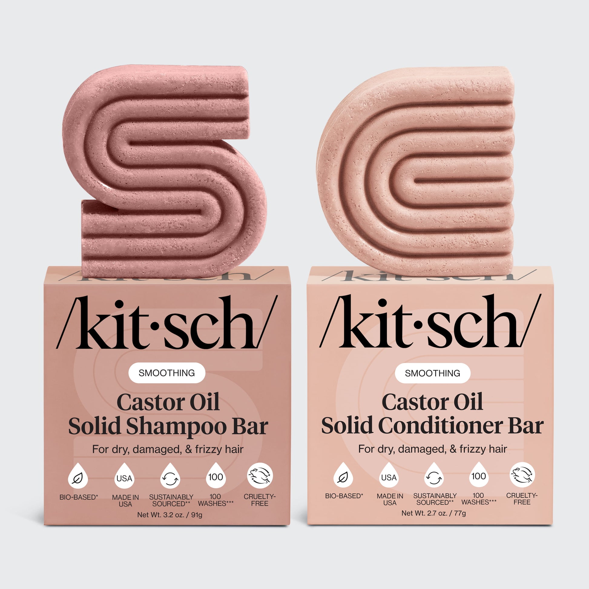Kitsch Castor Oil Solid Shampoo and Conditioner Bar duo for dry, damaged, and frizzy hair with bottle-free moisturizing hair care.