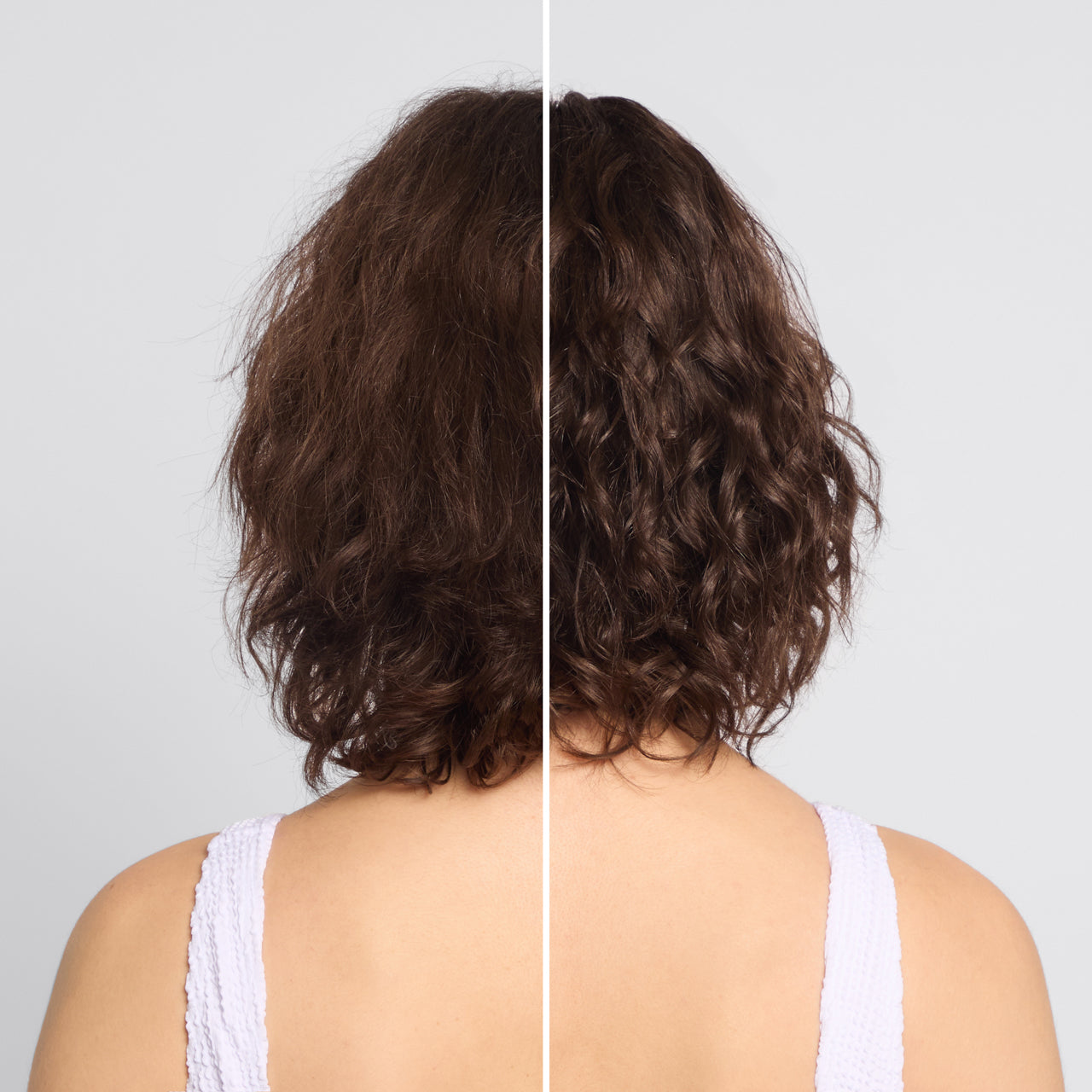 KITSCH Texturizing Sea Salt Spray — before & after split shot, back view of female model — left: limp hair before | right: voluminous beach waves after — Amaze® SP polymer seals cuticle for frizz-free, humidity-resistant volume