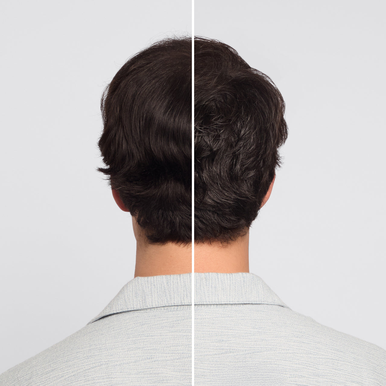 KITSCH Texturizing Sea Salt Spray — before & after split shot, back view of female model — left: frizzy unruly hair before | right: defined touchable waves after — non-drying formula with rosemary & biotin