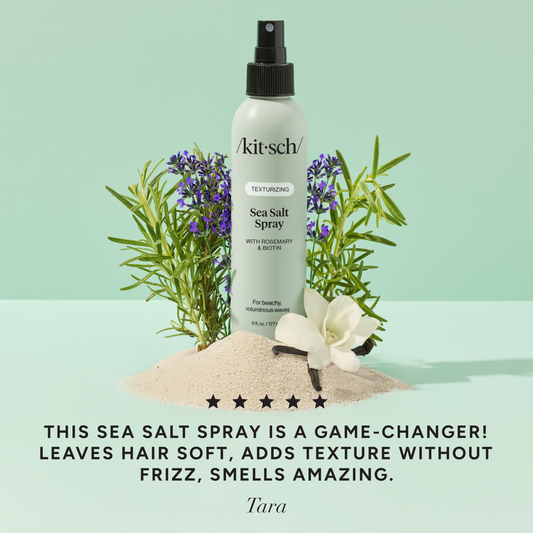 KITSCH Texturizing Sea Salt Spray — 5-star customer review social proof image — non-drying formula for crunch-free beach waves with Amaze® SP polymer for frizz control and humidity resistance