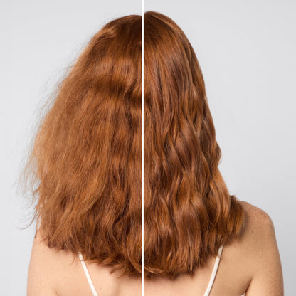 KITSCH Repairing Argan Oil Shampoo & Conditioner Bar Combo — before & after split shot, back view of female model with medium auburn hair — left side: frizzy dry wavy hair before | right side: smooth glossy healthy results after — Packed with antioxidant-rich argan oil to boost moisture without weighing it down — Strengthens hair fibers to reduce breakage and improve elasticity