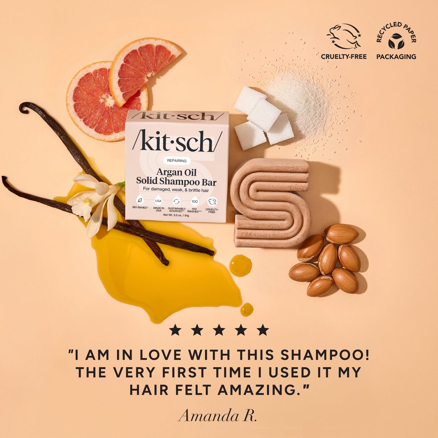 KITSCH Repairing Argan Oil Shampoo Bar — 5-star customer review graphic — Packed with antioxidant-rich argan oil to help boost moisture without weighing it down — free of parabens, phthalates, silicones and sulfates
