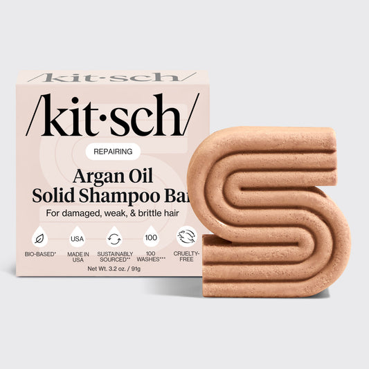 KITSCH Repairing Argan Oil Shampoo Bar — hero product shot — Formulated with Everbond® clinically proven to help reverse and repair hair damage — strengthens hair fibers to reduce breakage and improve elasticity