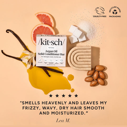 KITSCH Repairing Argan Oil Conditioner Bar — 5-star customer review graphic — Packed with antioxidant-rich argan oil to help boost moisture without weighing it down — free of parabens, phthalates, silicones and sulfates