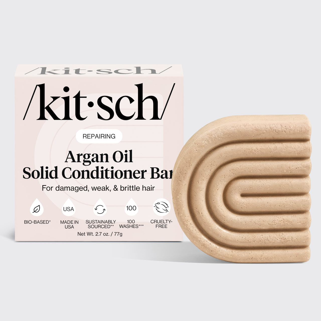 KITSCH Repairing Argan Oil Conditioner Bar — hero product shot — Formulated with Fision® EcoSil clinically proven to increase appearance of shine after 5 uses — enriched with PhytoVie® Defense to aid in recovery for damaged hair