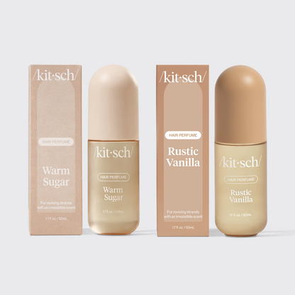 Kitsch Smoked Sugar Duo – Warm Sugar and Rustic Vanilla hair perfumes paired in a warm neutral lifestyle shot
