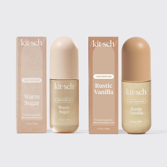 Kitsch Smoked Sugar Duo – Warm Sugar and Rustic Vanilla hair perfumes paired in a warm neutral lifestyle shot