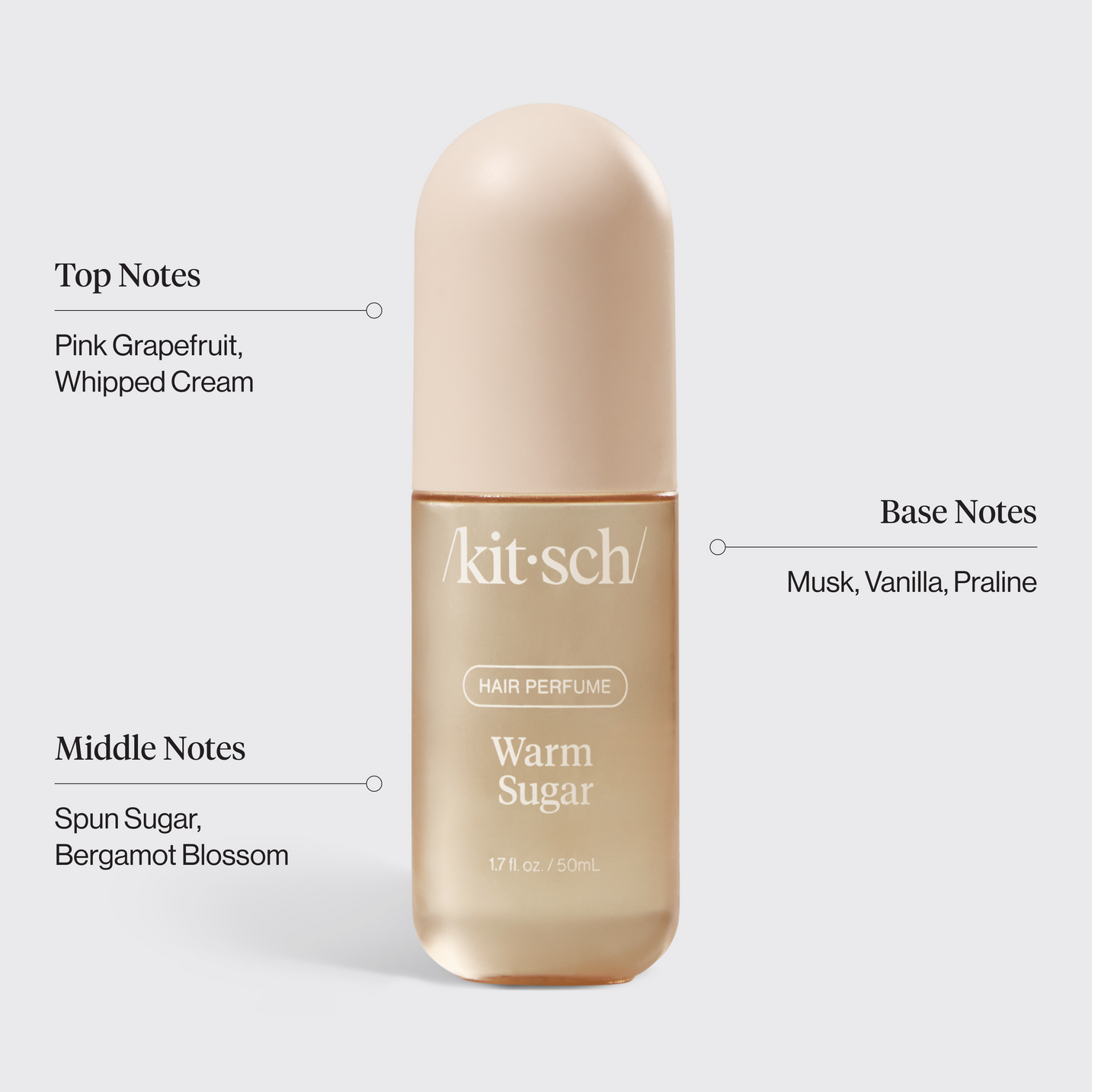 Kitsch Warm Sugar Hair Perfume scent notes infographic with top, middle, and base fragrance notes on a white background