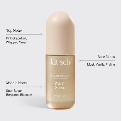 Kitsch Warm Sugar Hair Perfume scent notes infographic with top, middle, and base fragrance notes on a white background