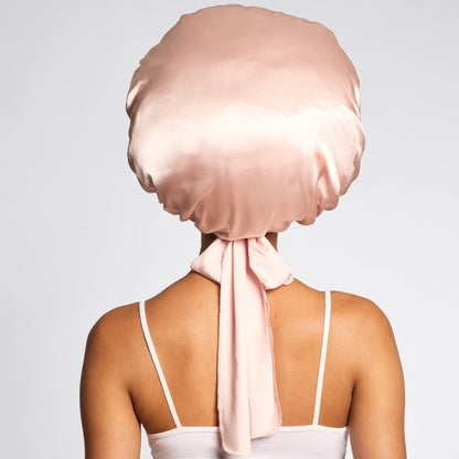 KITSCH Blush Oversized Satin Bonnet — model close-up — double-layered satin