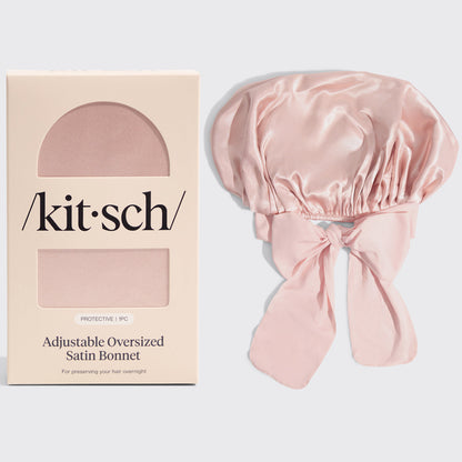 KITSCH Blush Adjustable Oversized Satin Bonnet — hero product shot — roomy fit for all hair types