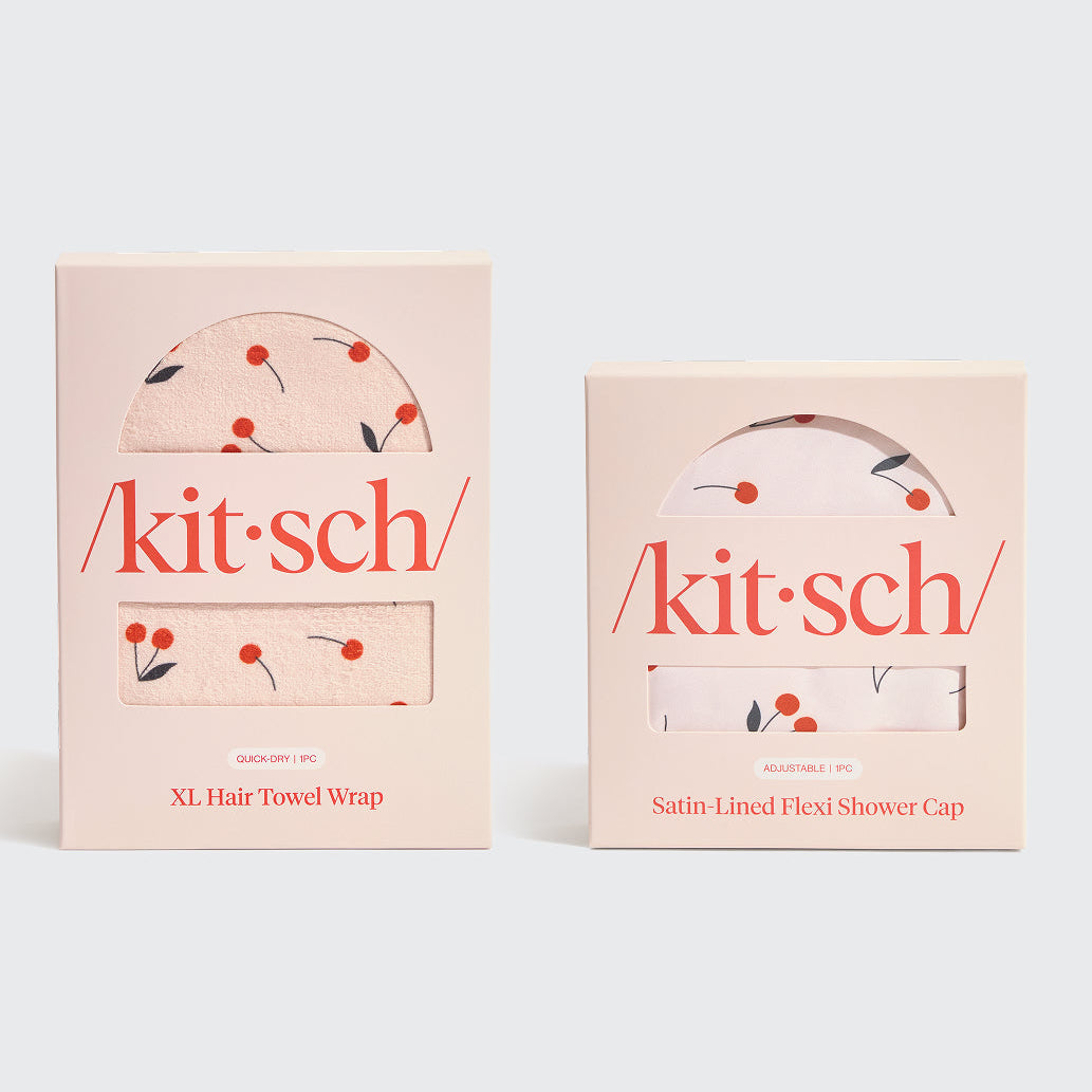 KITSCH Cherry Print XL Hair Towel Wrap and Satin Flexi Shower Cap — product pair — satin-lined cap protects hair while the XL towel gently dries — cherry print limited edition — part of the Ultimate Shower Bundle