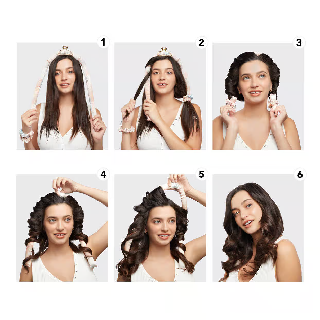 KITSCH Satin Heatless Curling Set in Sunset Tie Dye — how-to lifestyle shot — step-by-step heatless styling guide