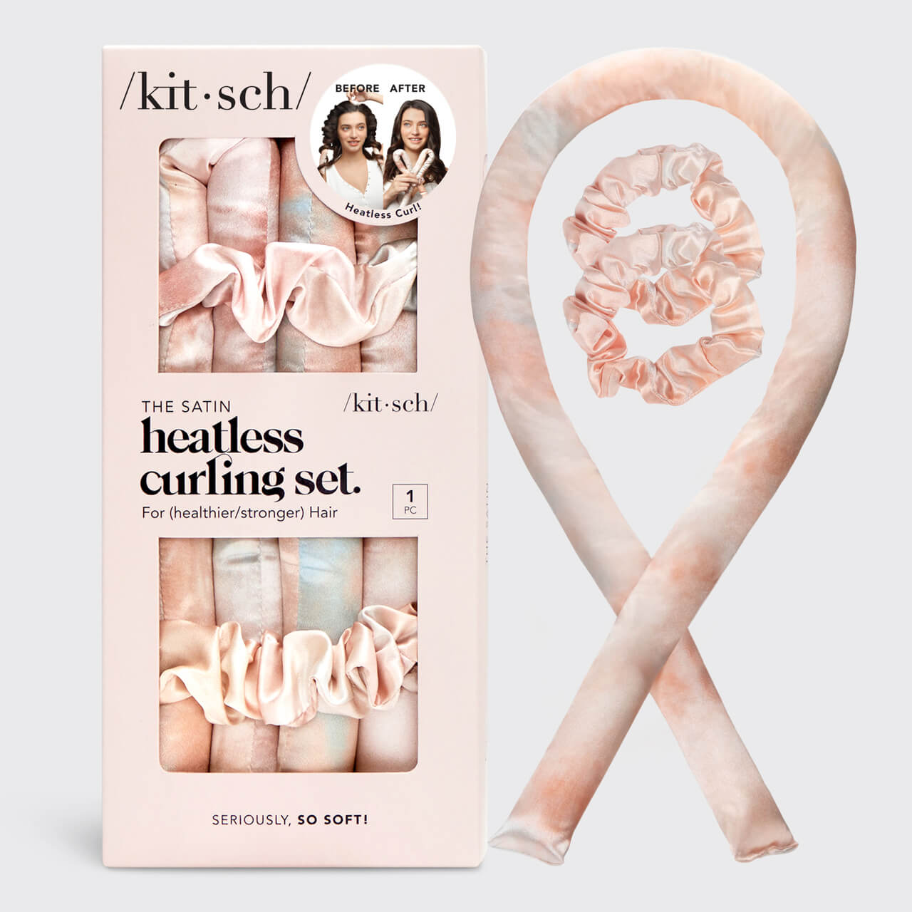 KITSCH Satin Heatless Curling Set in Sunset Tie Dye — hero shot — heat-free waves and curls overnight