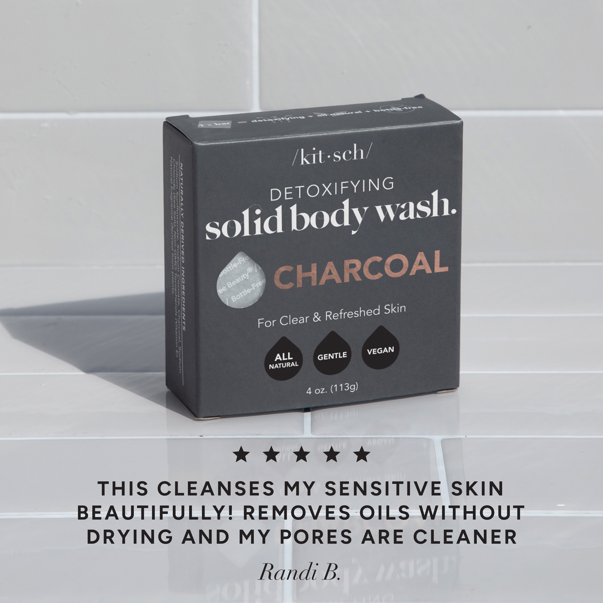Kitsch Charcoal Detoxifying Body Wash bar styled with charcoal accents and a 5-star customer review