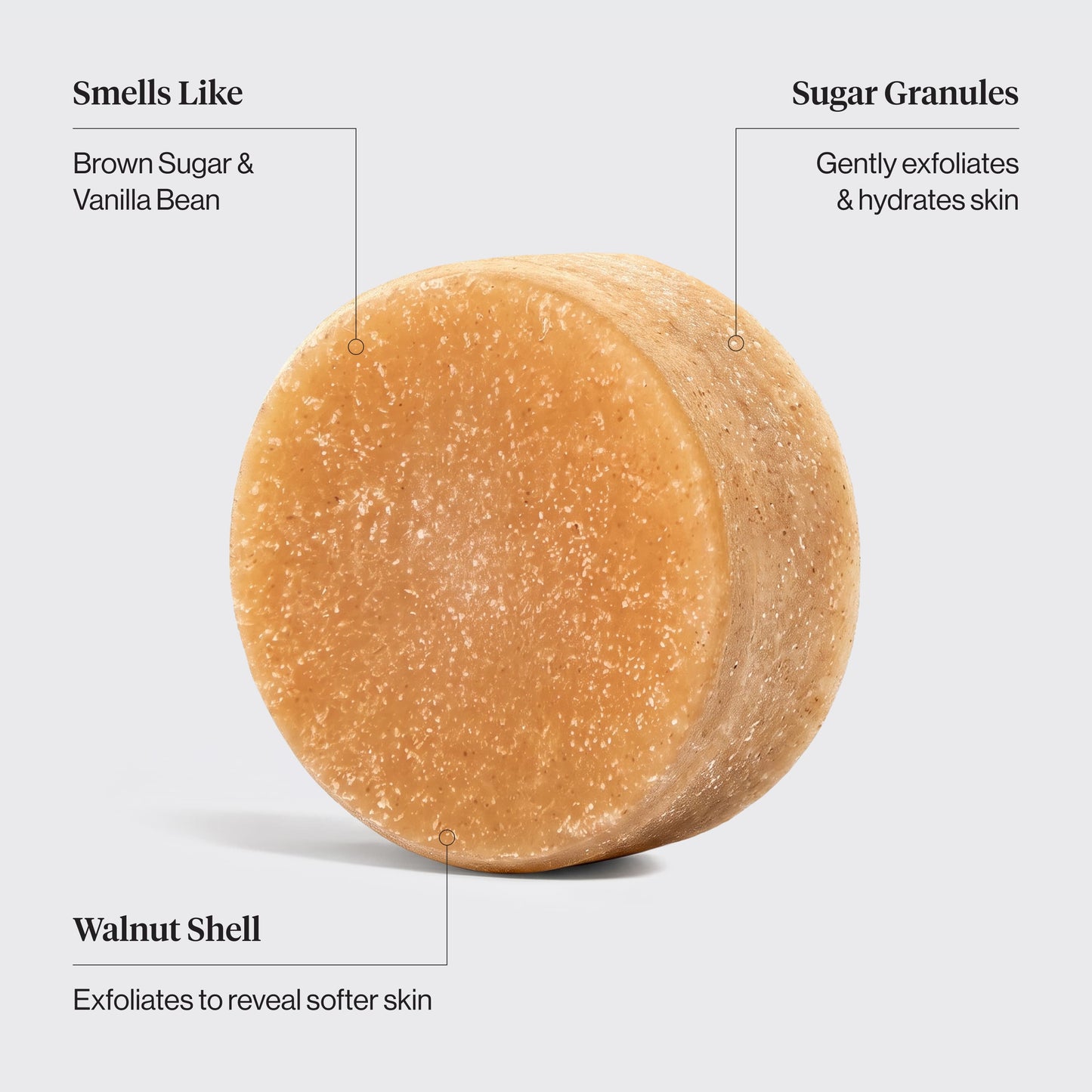 Kitsch Sugar Body Scrub Bar highlighting brown sugar, vanilla bean scent, sugar granules, and walnut shell exfoliants.
