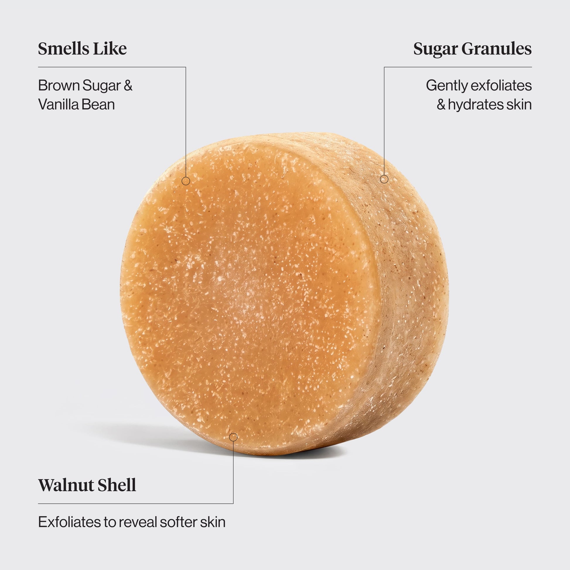 Kitsch Sugar Body Scrub Bar highlighting brown sugar, vanilla bean scent, sugar granules, and walnut shell exfoliants.
