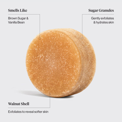 Kitsch Sugar Body Scrub Bar highlighting brown sugar, vanilla bean scent, sugar granules, and walnut shell exfoliants.