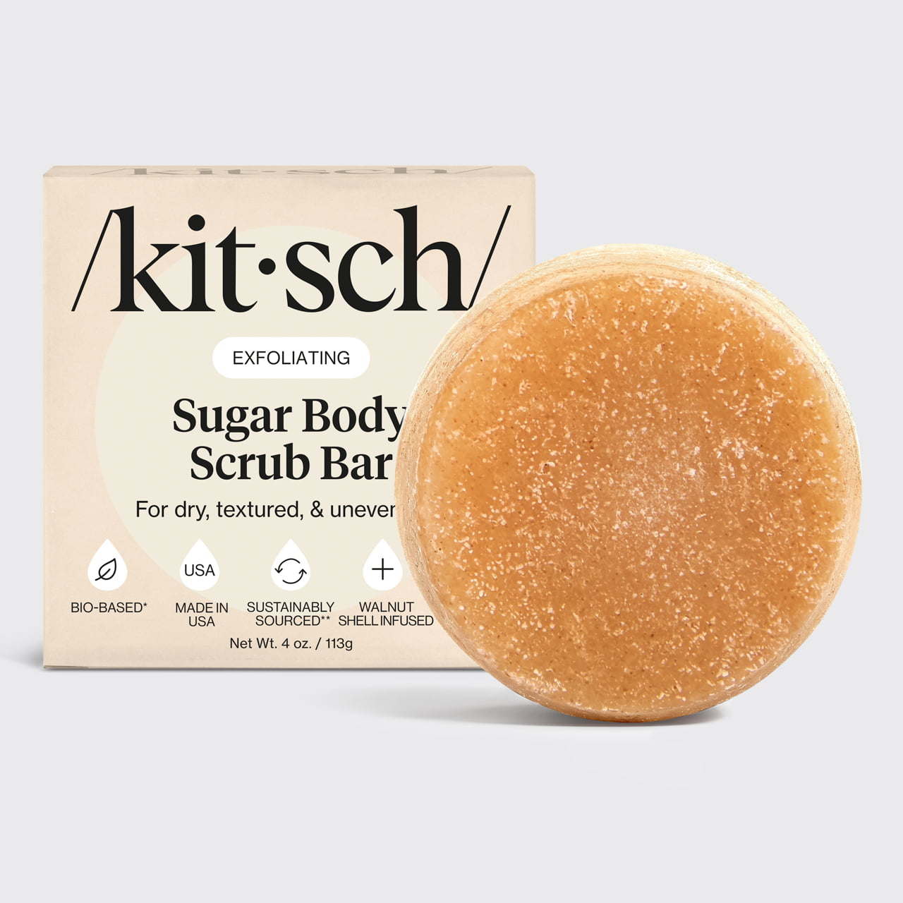 Kitsch Exfoliating Sugar Body Scrub Bar with recyclable packaging for dry, textured, and uneven skin.