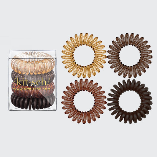 KITSCH Hair Coils Brunette 4-pack — package front — four spiral hair coils in brunette tones — creaseless, dent-free, headache-free styling