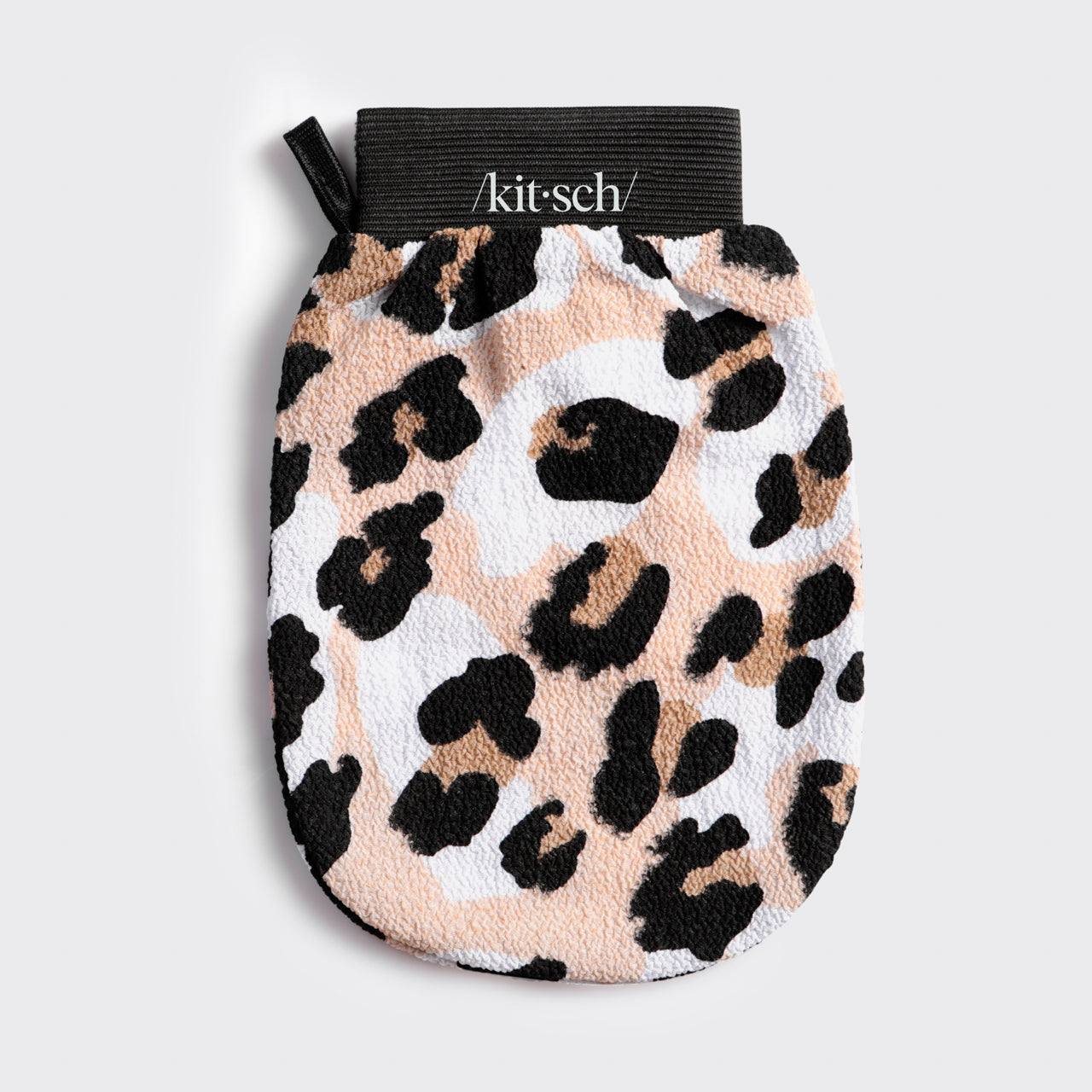 Model wearing Leopard Exfoliating Glove on hand showing fit