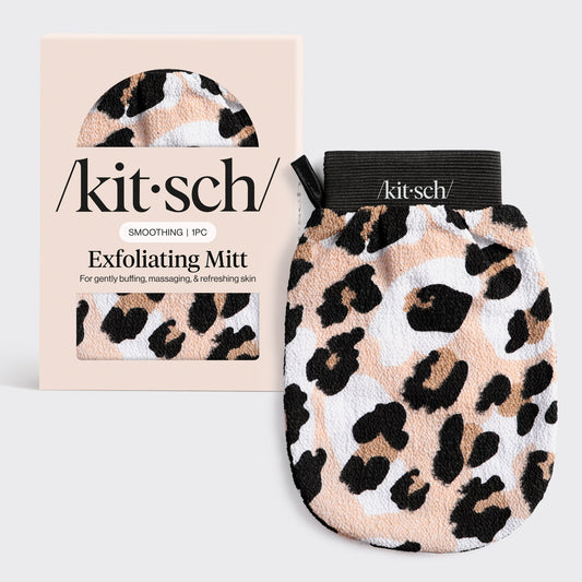 Kitsch Leopard Exfoliating Glove flat lay showing textured surface and leopard print design