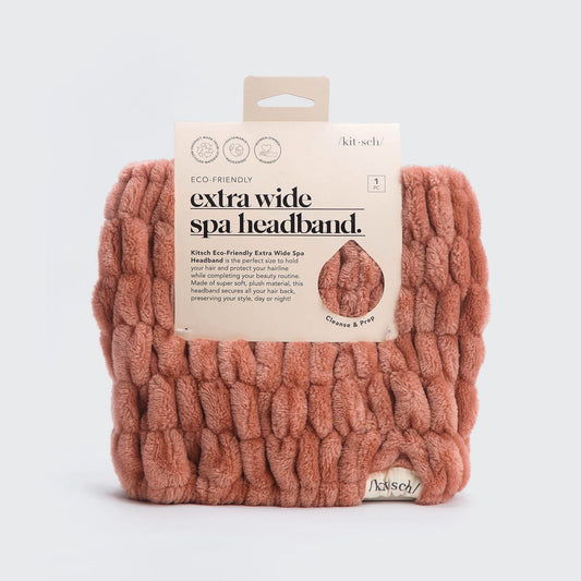 KITSCH Extra Wide Spa Headband — product in packaging, dusty rose color — eco-friendly recycled material, extra wide design for full hairline coverage