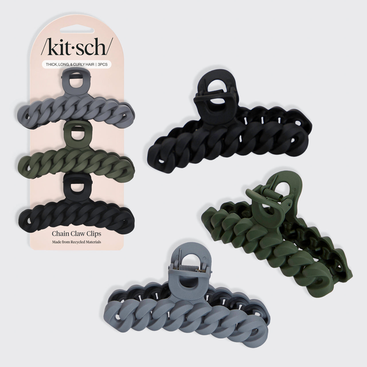 KITSCH Black & Moss Chain Claw Clips 3pc Set - hero product shot
