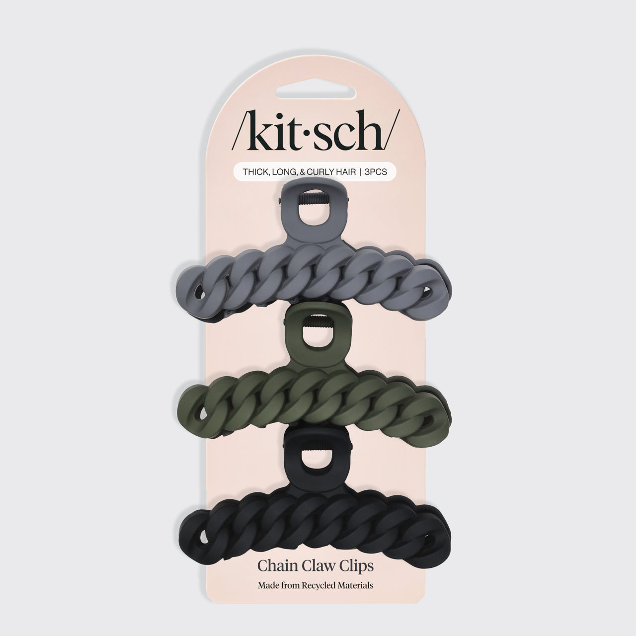 KITSCH Black & Moss Chain Claw Clips 3pc Set - packaging flat lay