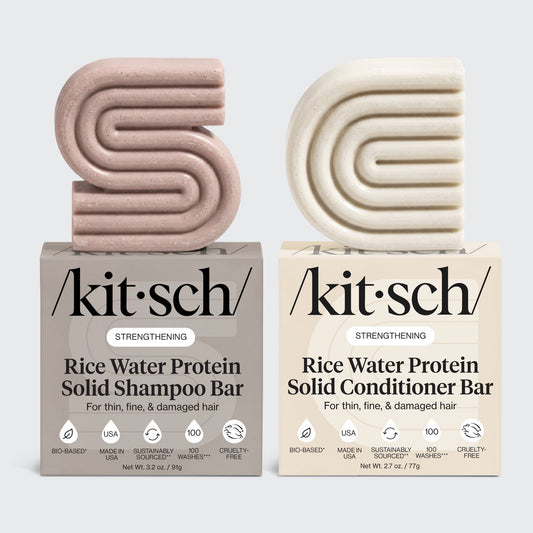 KITSCH Rice Water Shampoo & Conditioner Bar Combo for Hair Growth — hero product shot — Formulated with Rice Tein NPNF®, clinically proven to increase hair volume and improve appearance of natural shine in just 5 washes — conditions & encourages overall hair length & density