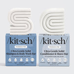 Two boxes of Kitsch ultra gentle solid shampoo and conditioner bars on a white background