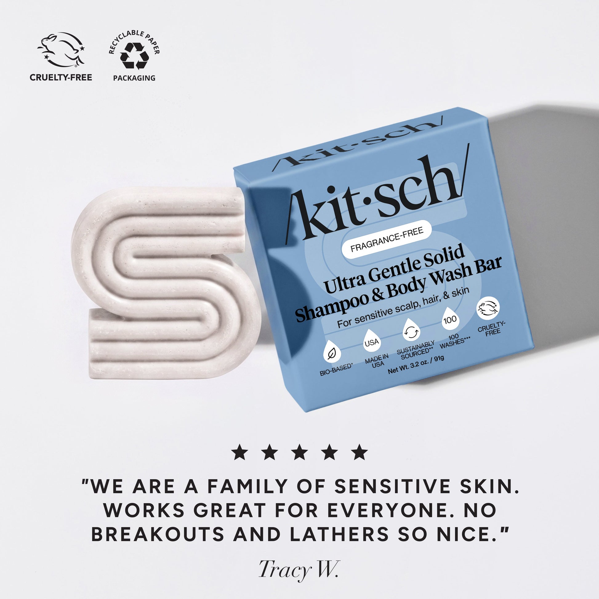 kitsch ultra gentle solid shampoo & body wash bar with packaging on a light gray background with a 5-star customer review at the bottom that reads "We are a family of sensitive skin. Works great for everyone. No breakouts and lathers so nice"