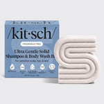 Kitsch ultra gentle solid shampoo & body wash bar with packaging on a light gray background