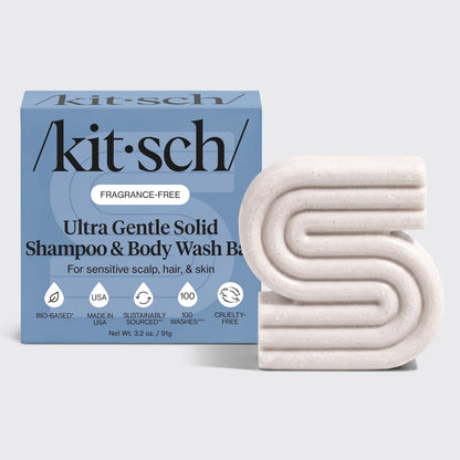 Kitsch ultra gentle solid shampoo & body wash bar with packaging on a light gray background